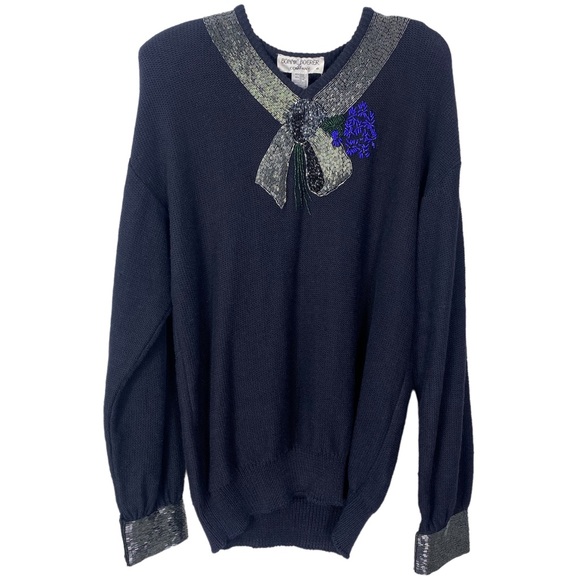 VINTAGE Bonnie Boerer Sweater Size M Navy Silver Embellished 80s Holiday knit - Picture 3 of 16